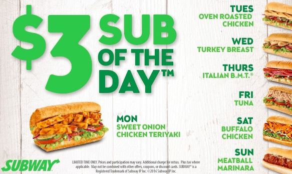 $3.99 Subway Sub of the Day